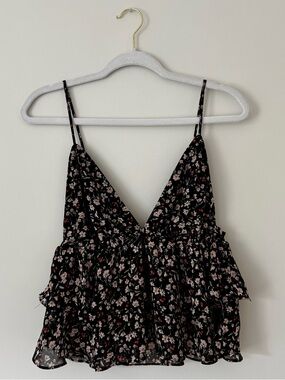 NWOT Forever 21 Floral Ruffle Tank Top – Black & Pink, Size Large